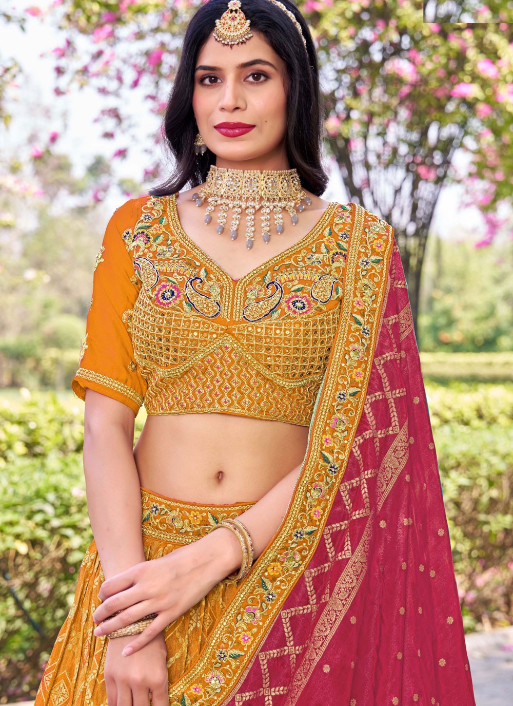 Embroidered Banarasi Silk Mustard Lehenga Choli L3709