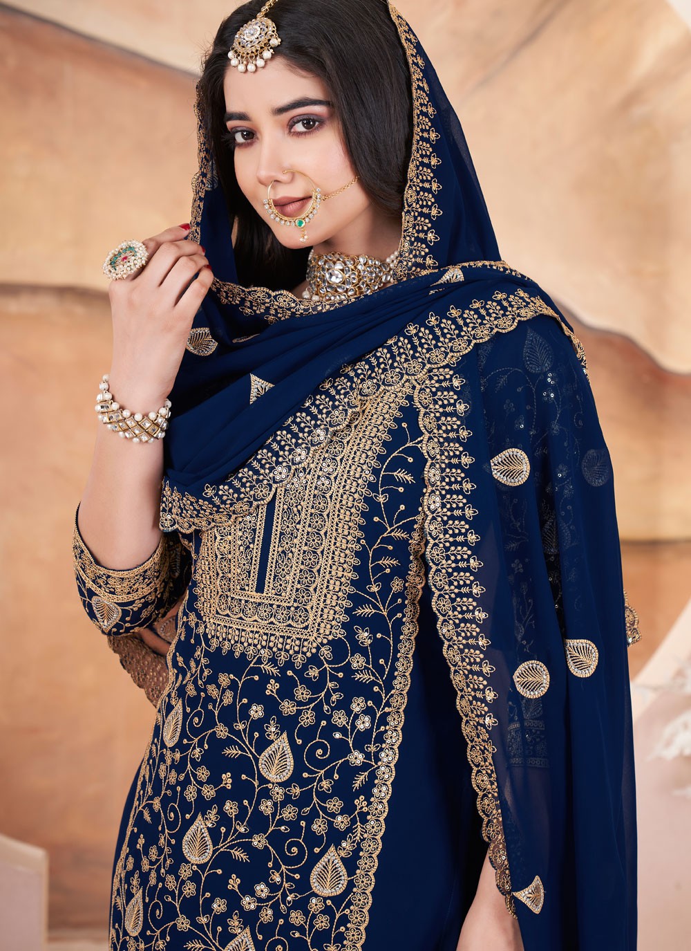 Salwar Suit Embroidered Navy Blue Georgette T5627