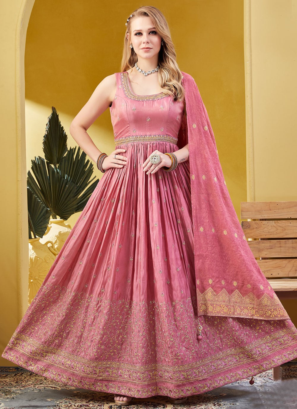 Embroidered Silk Pink Gown G19845