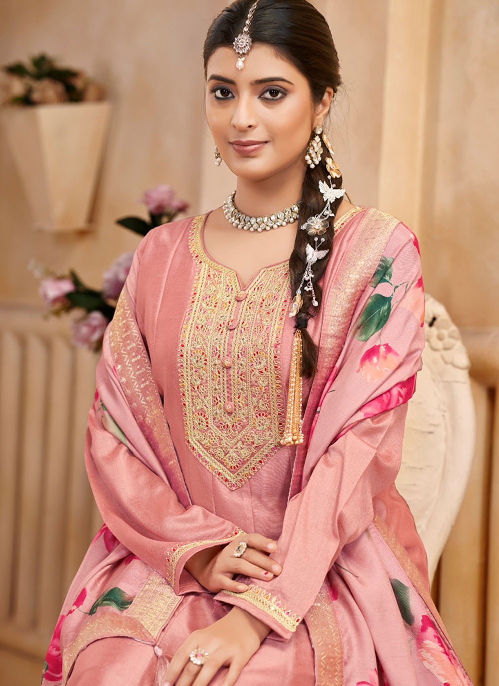 Embroidered Vichitra Silk Pink Pant Style Suit T5967