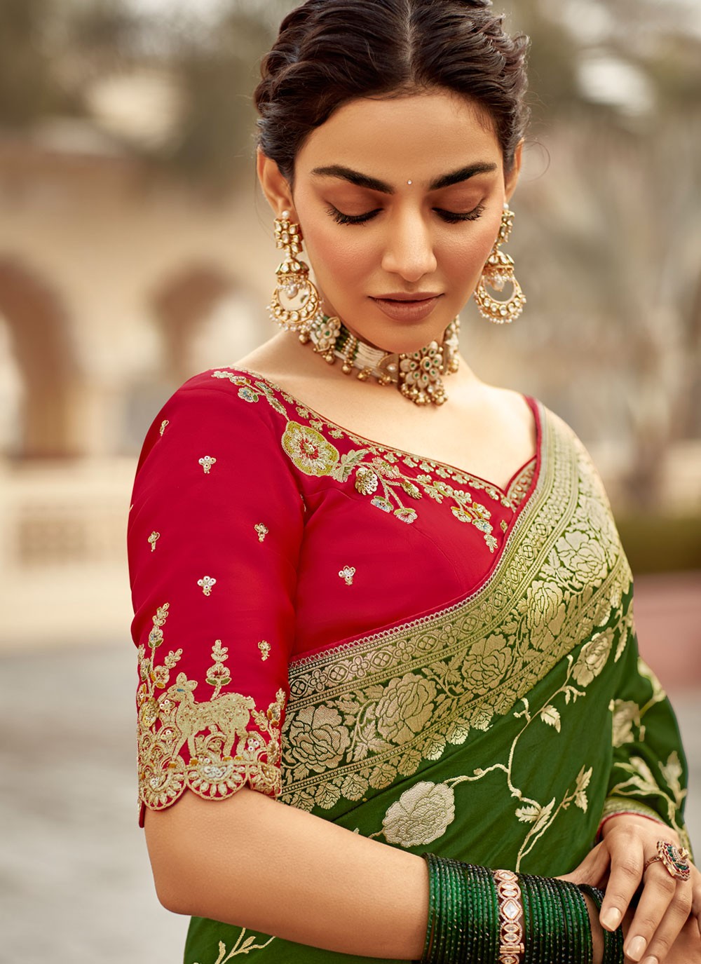 Weaving Zari Pure Dola Green Saree S14217