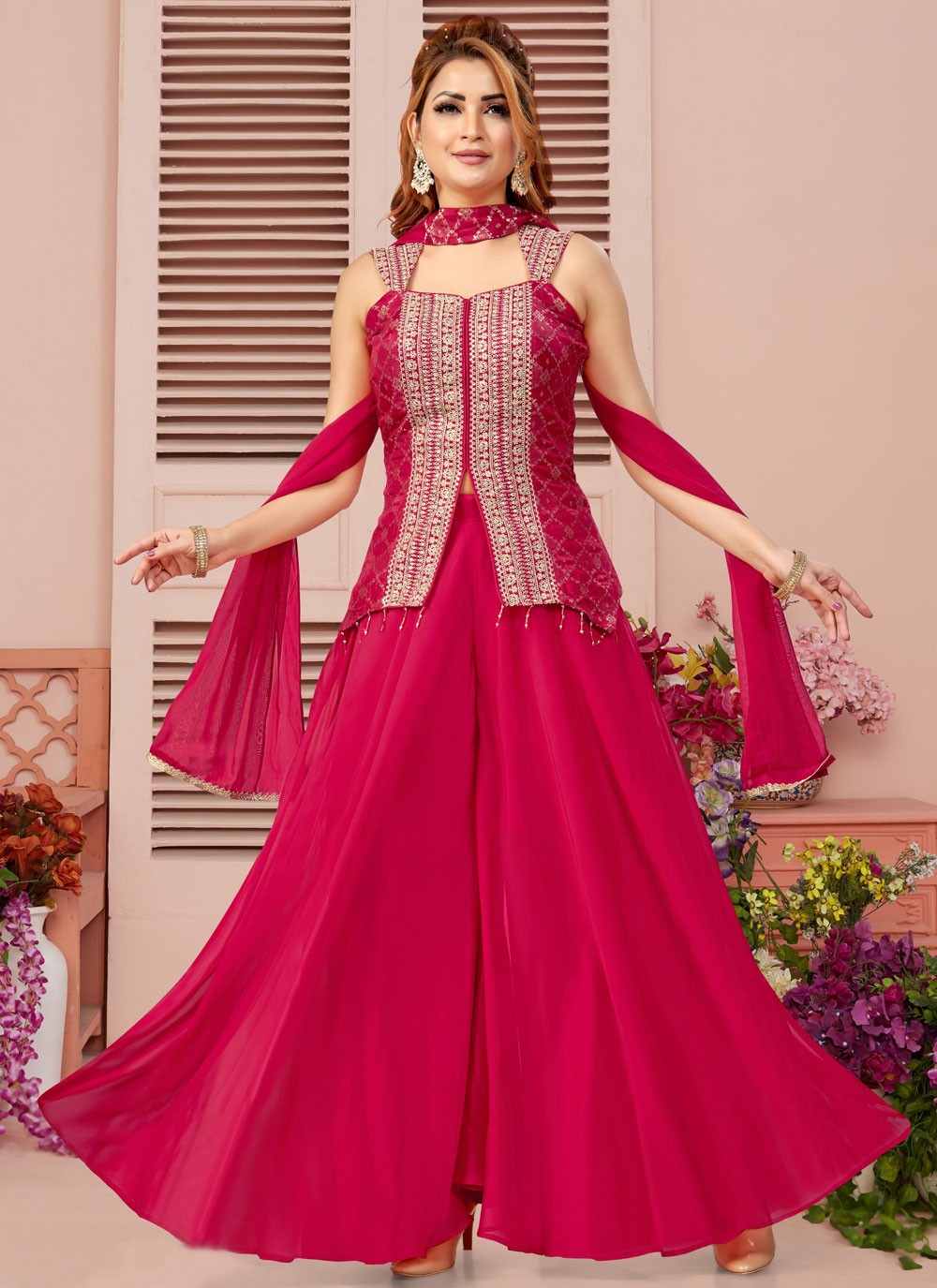 Palazzo Suit Embroidered, Zari Hot Pink T8072