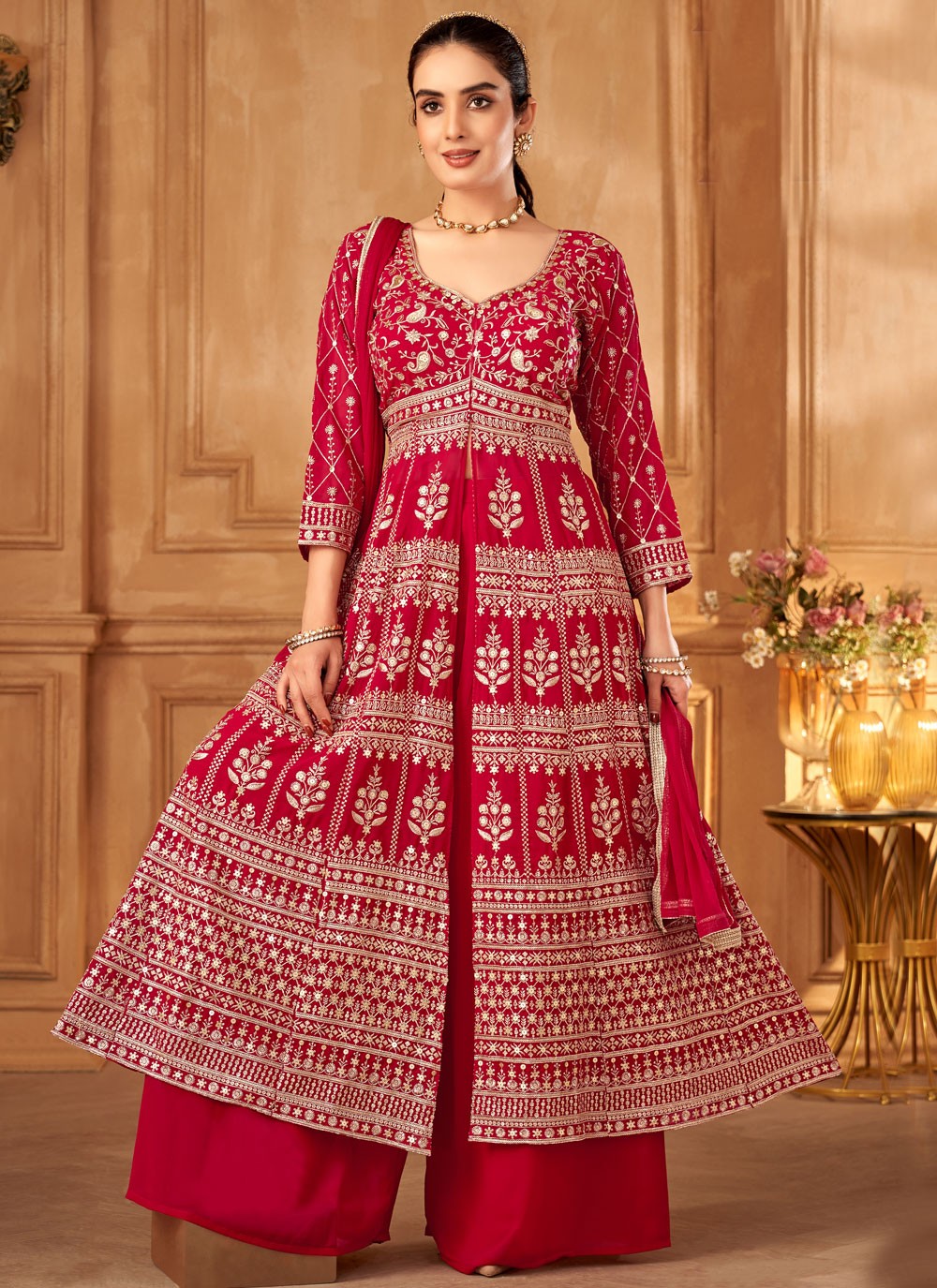 Palazzo Suit Embroidered, Zari Hot Pink T6626