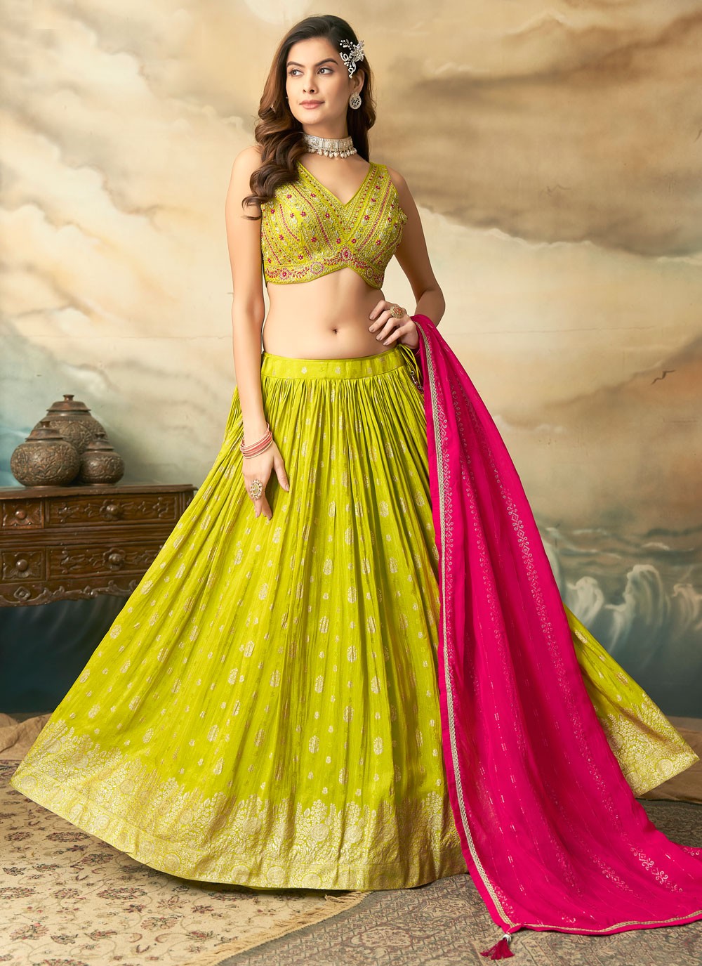 Jacquard Work Silk Green Lehenga Choli L3730