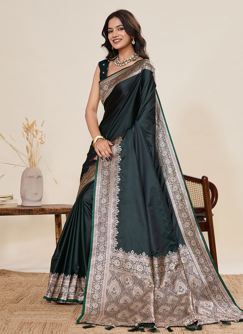 Green Satin Silk Classic Saree Woven, Zari S19514