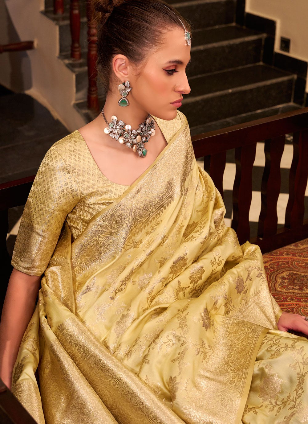Weaving Zari Satin Silk Yellow Classic Saree S15411