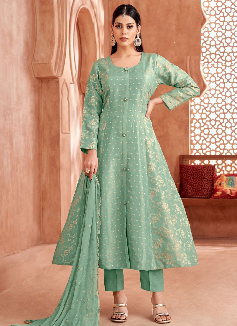 Salwar Suit Jacquard Work Sea Green Jacquard T5470