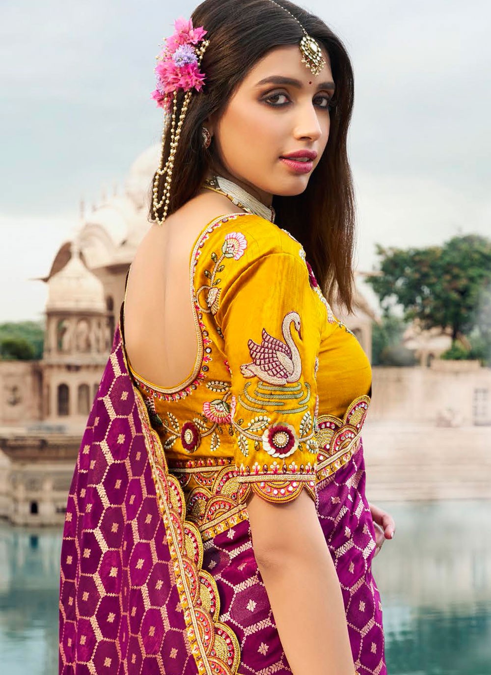 Cut Work Silk Mustard Contemporary Saree S15312