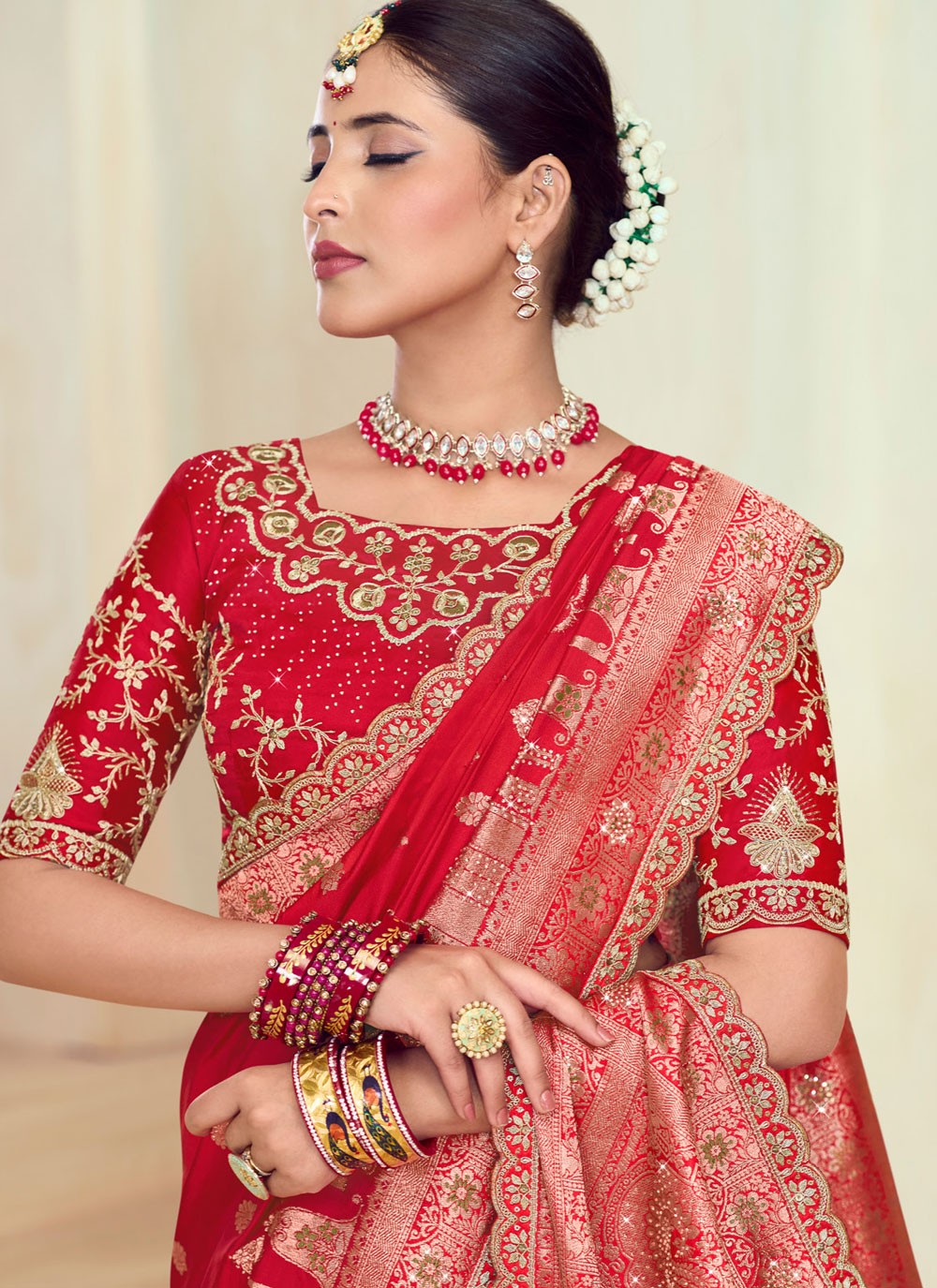 Designer Cut Work Red Silk S12723