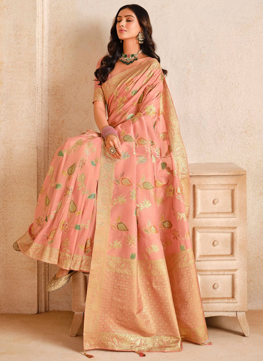 Classic Saree Fancy Work Peach, Pink Silk Saree S13263