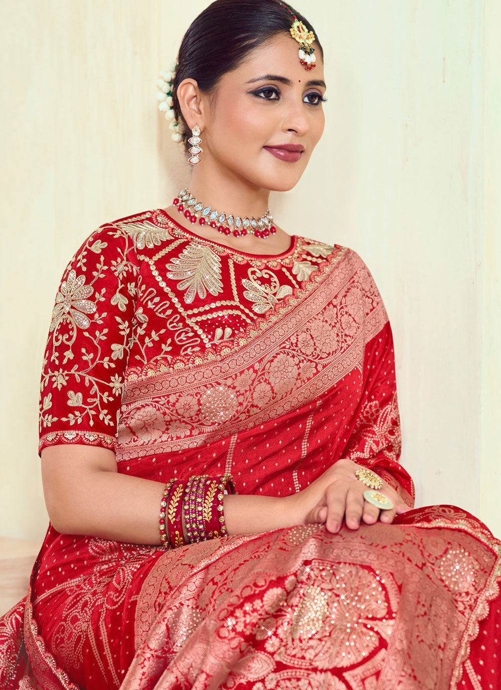 Classic Saree Cut Work Red Silk S12722