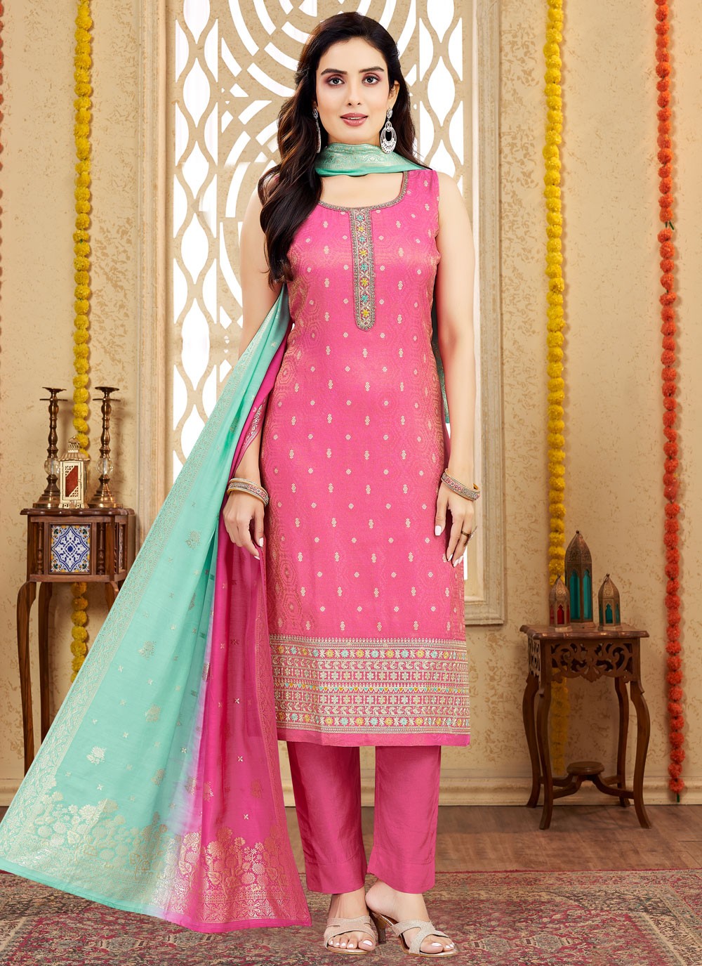 Pant Style Suit Embroidered, Zari Pink T7994