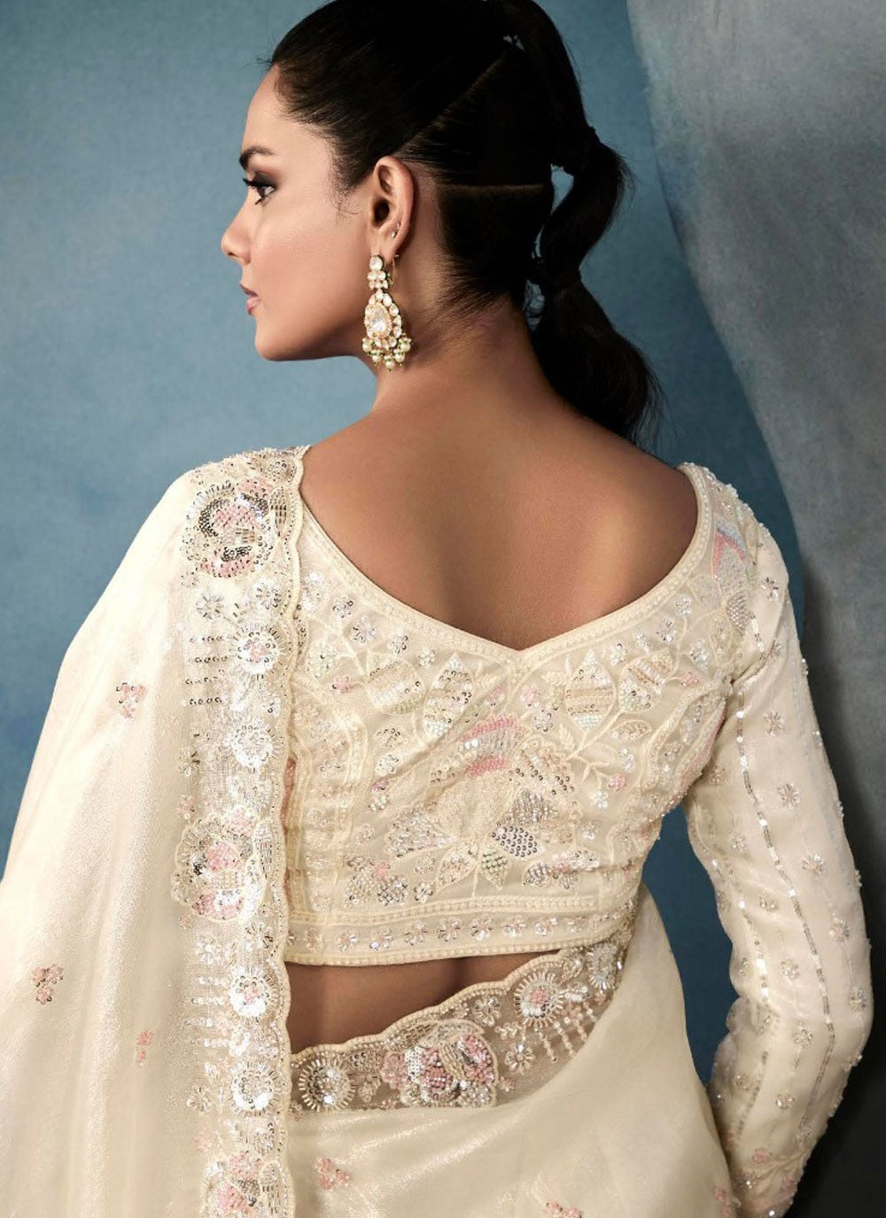 Cut Work Tissue Off White Contemporary Saree S14867