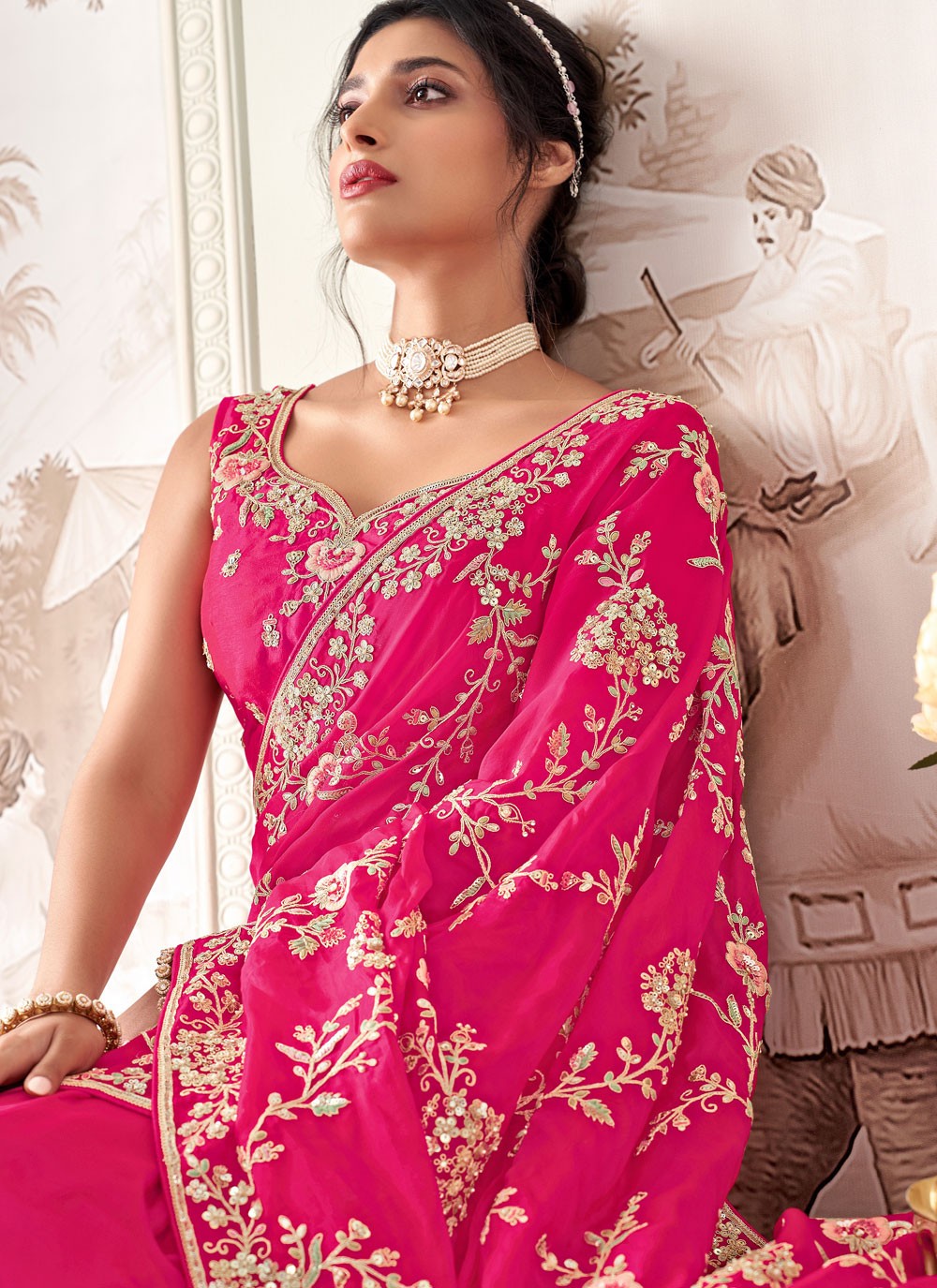 Hot Pink Organza Traditional Saree Embroidered, Sequins, Stones, Zari S17437
