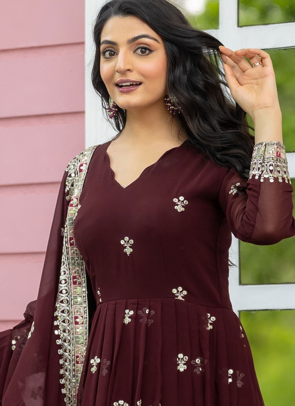 Embroidered Faux Georgette Wine Anarkali T5962