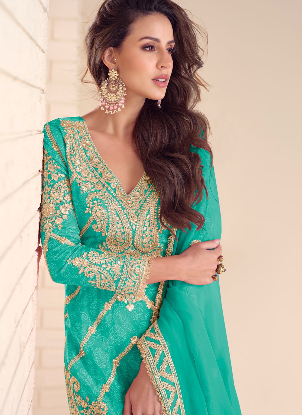 Palazzo Suit Digital Print, Embroidered, Sequins, Zari Turquoise T8135