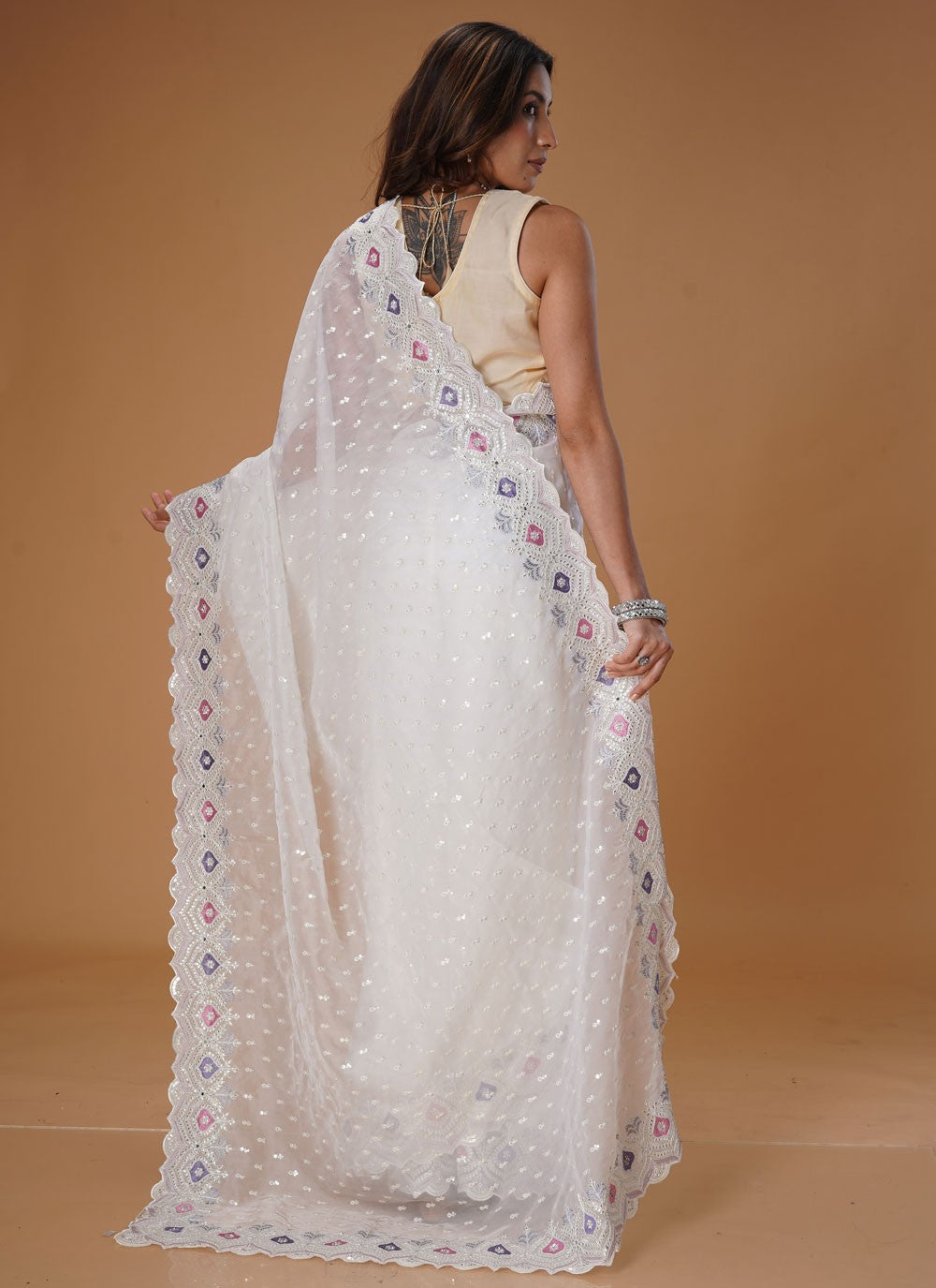 Embroidered Organza White Contemporary Saree S15480