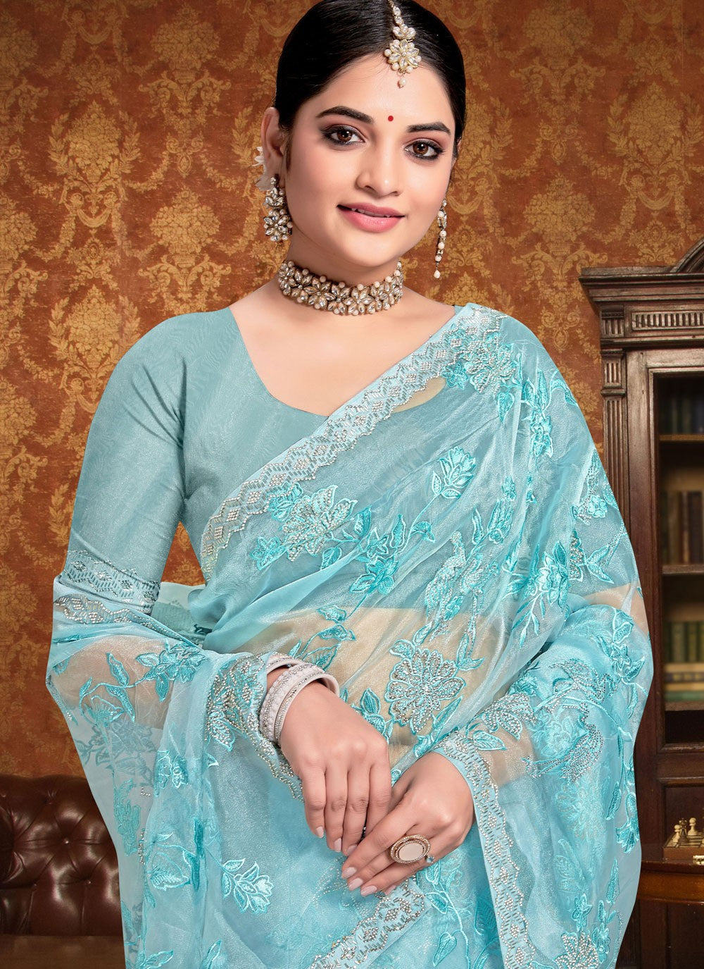 Contemporary Embroidered Aqua Blue Organza Saree S13251