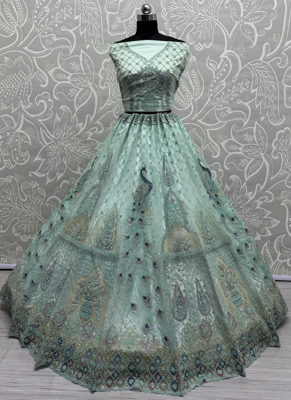 Dimond Net Aqua Blue Lehenga - L3372