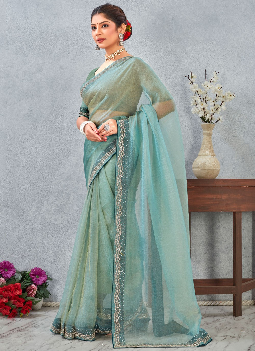 Sea Green Silk Traditional Saree Border Work, Zircon S20339