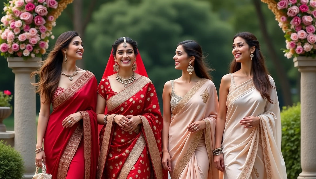 Bride in red Banarasi saree with two bridesmaids in pastel sarees and a guest in floral chiffon saree, smiling together at an Indian wedding under a floral arch.
