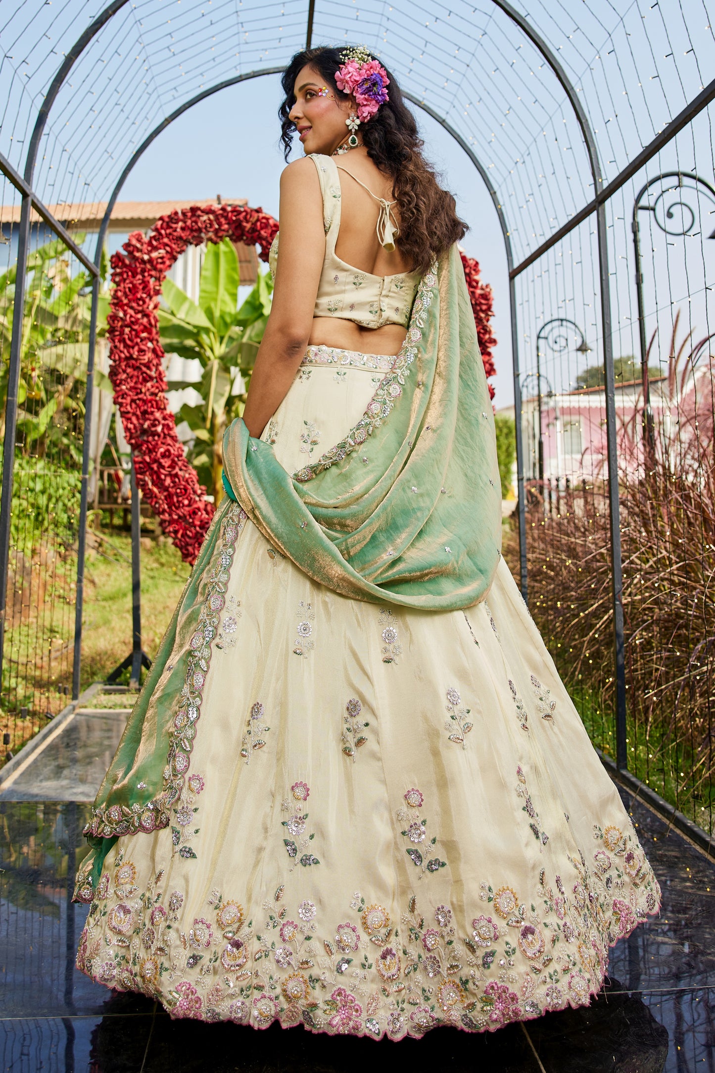 Cream Tissue Lehenga with Green Gold Embroidered Dupatta | Sequins & Threadwork Blouse - LC2518