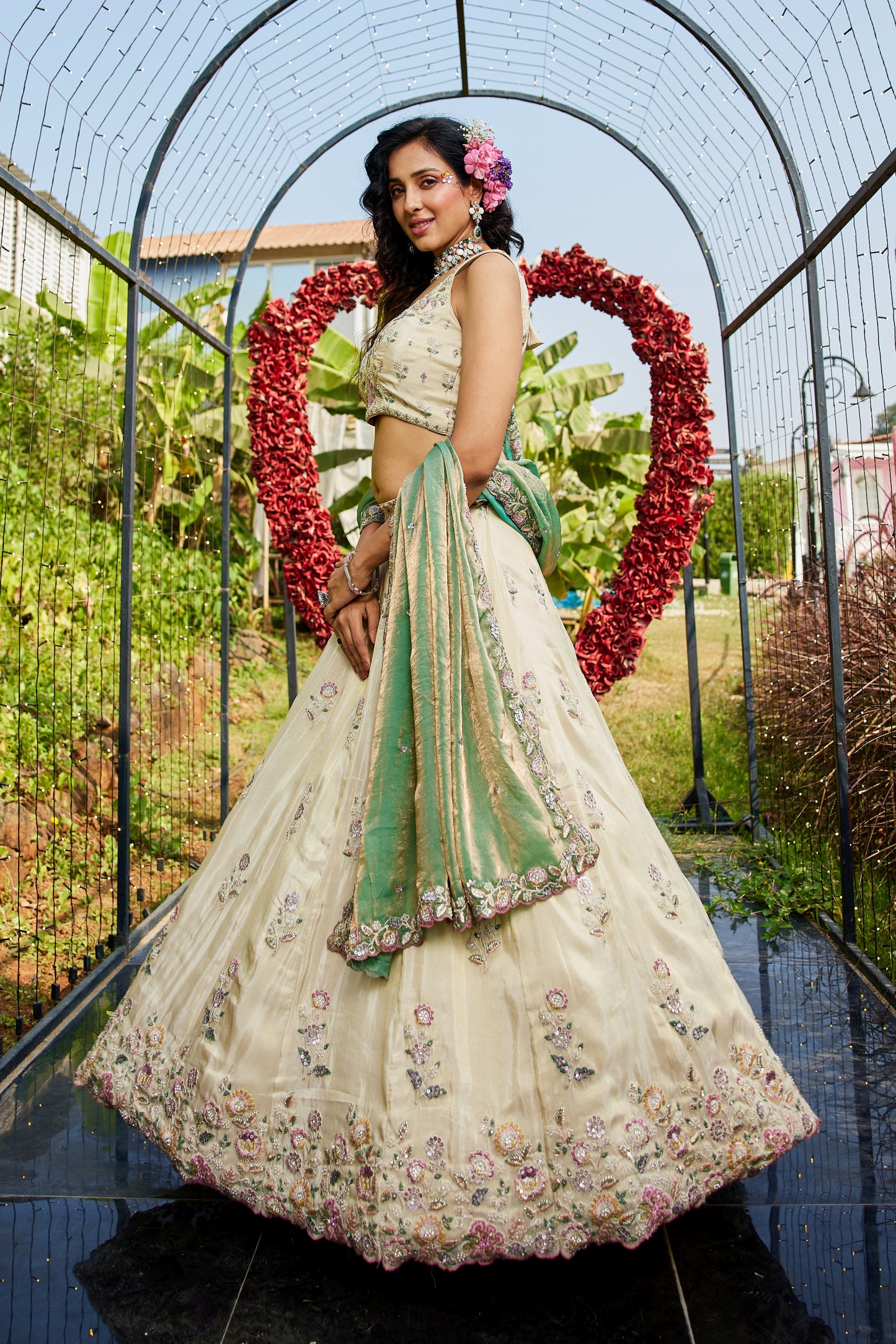 Cream Tissue Lehenga with Green Gold Embroidered Dupatta | Sequins & Threadwork Blouse - LC2518