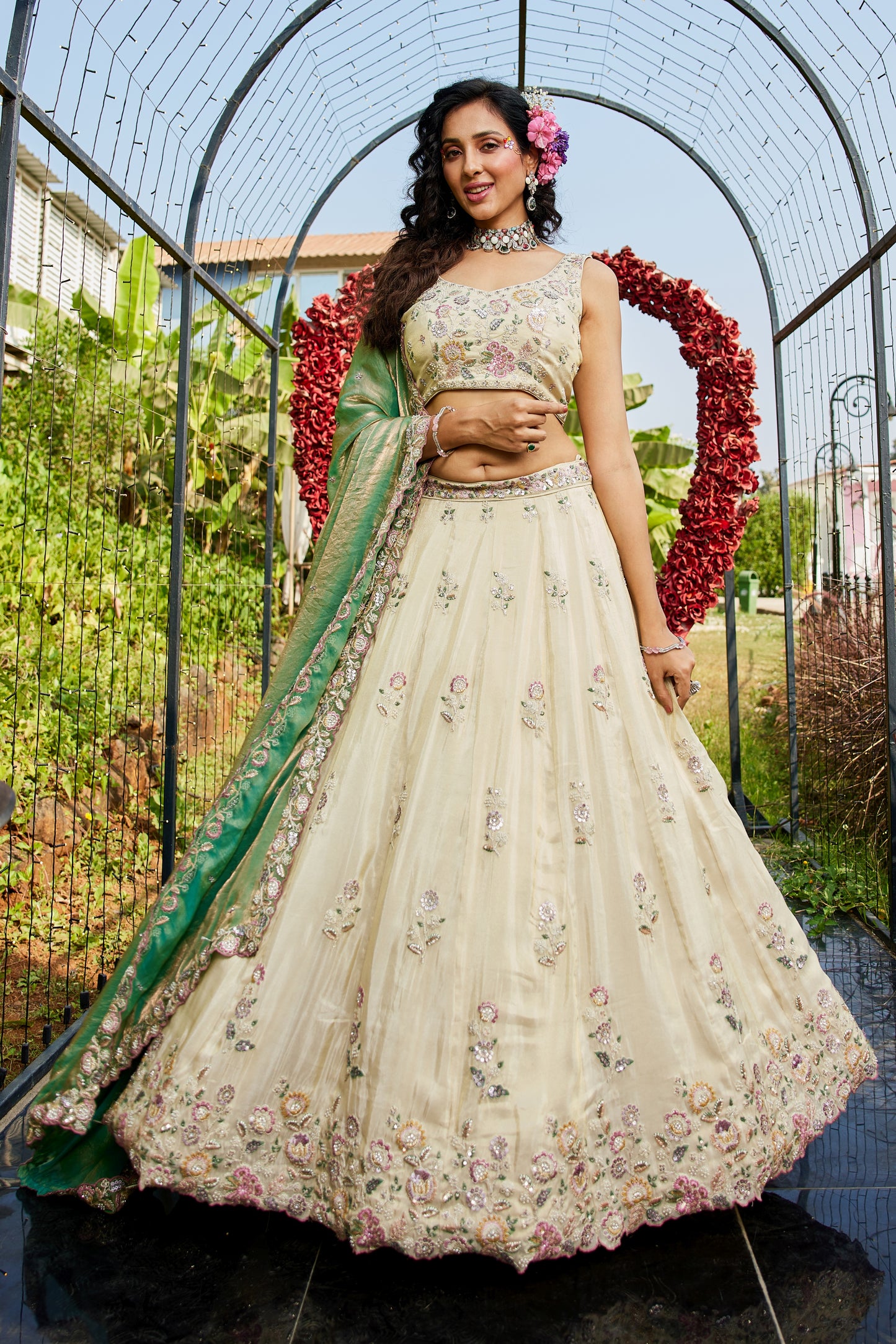 Cream Tissue Lehenga with Green Gold Embroidered Dupatta | Sequins & Threadwork Blouse - LC2518