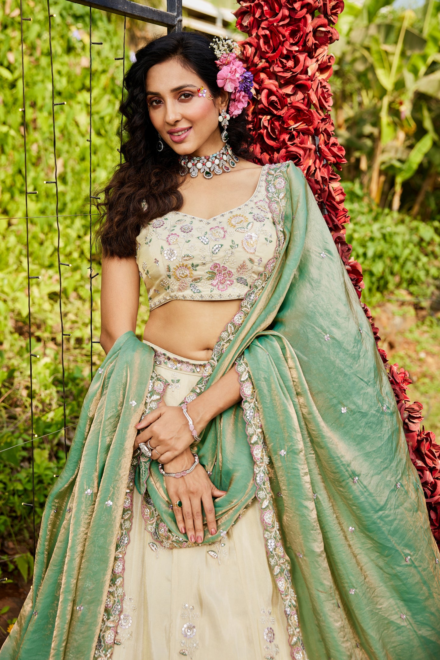 Cream Tissue Lehenga with Green Gold Embroidered Dupatta | Sequins & Threadwork Blouse - LC2518