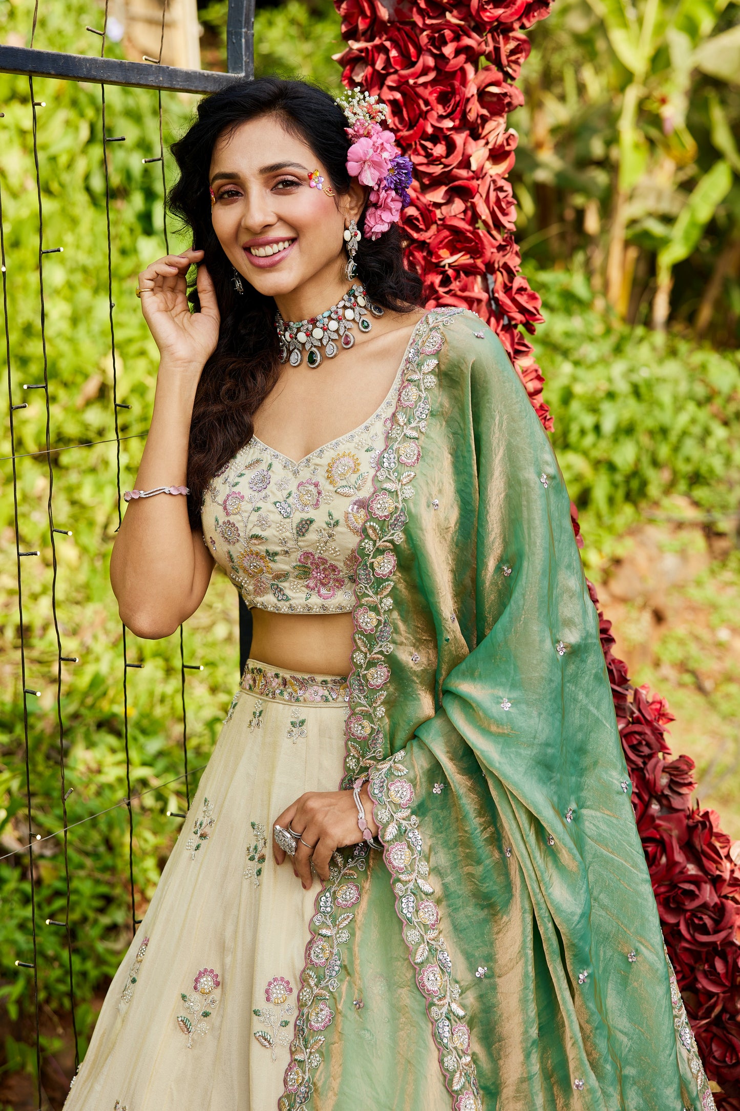 Cream Tissue Lehenga with Green Gold Embroidered Dupatta | Sequins & Threadwork Blouse - LC2518