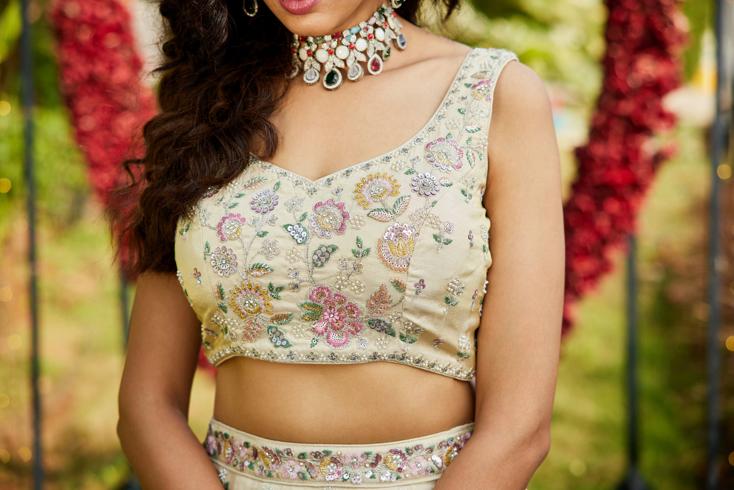 Cream Tissue Lehenga with Green Gold Embroidered Dupatta | Sequins & Threadwork Blouse - LC2518