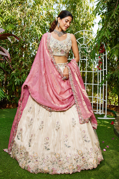 Cream Tissue Lehenga with Pink Embroidered Dupatta | Elegant Sequins & Threadwork Blouse - LC2519