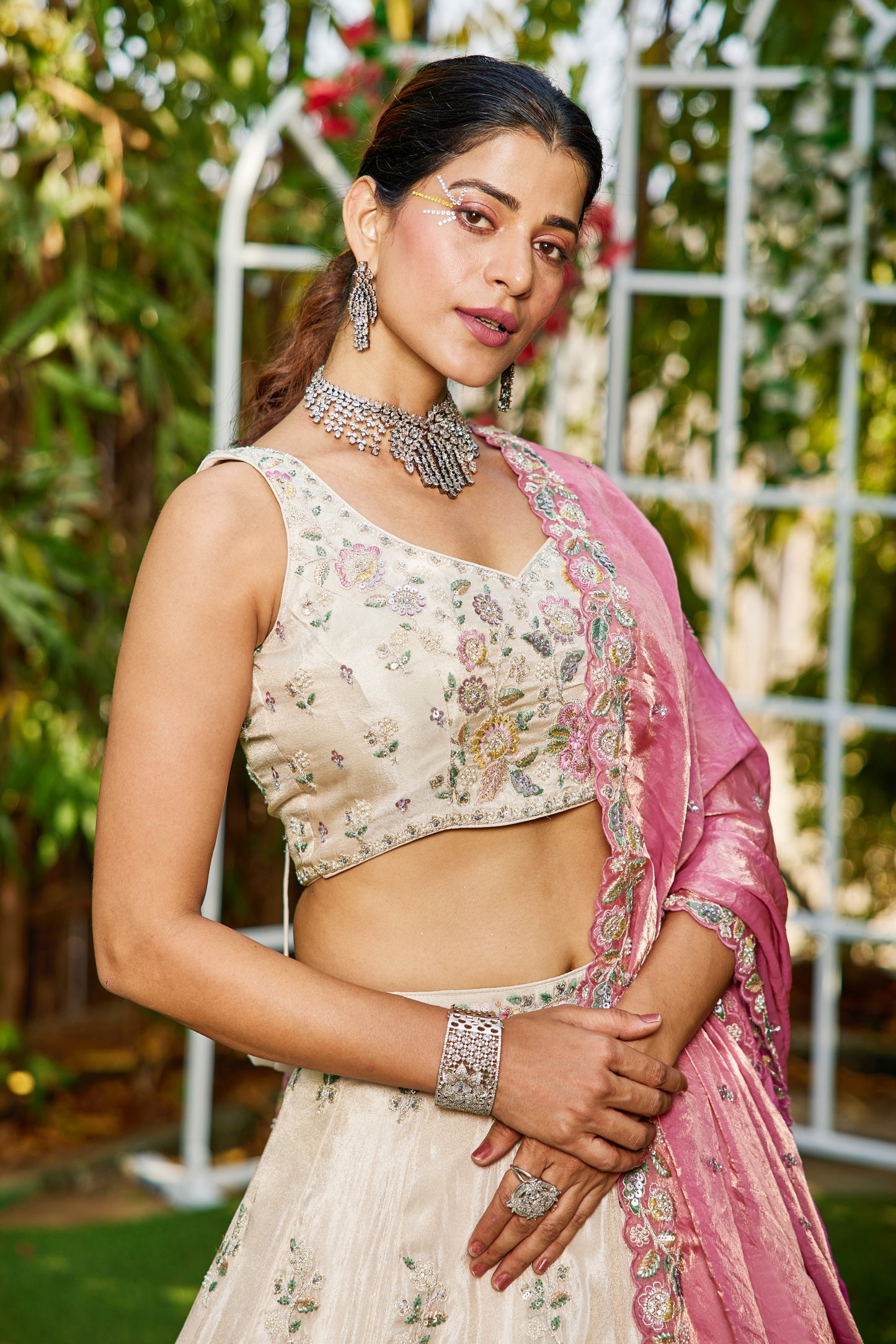 Cream Tissue Lehenga with Pink Embroidered Dupatta | Elegant Sequins & Threadwork Blouse - LC2519