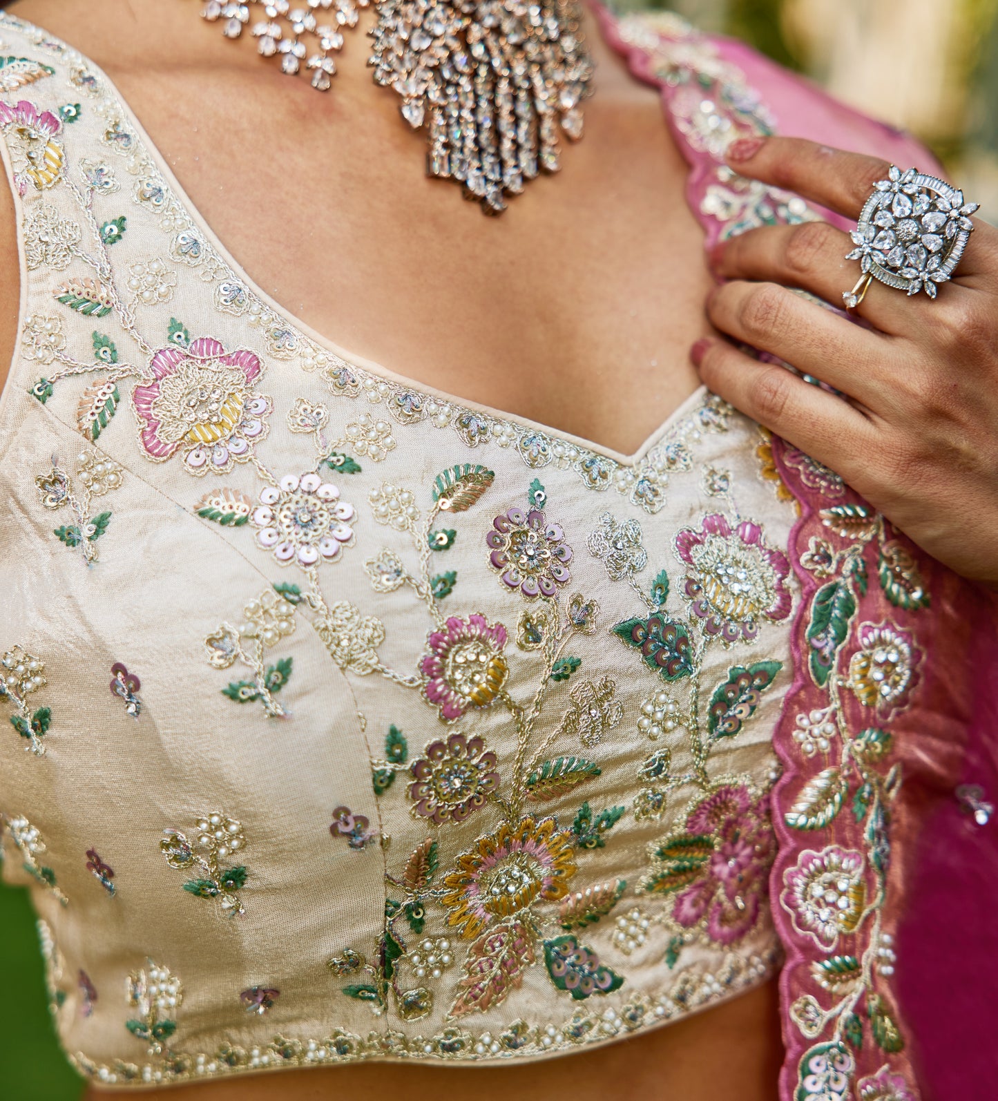 Cream Tissue Lehenga with Pink Embroidered Dupatta | Elegant Sequins & Threadwork Blouse - LC2519