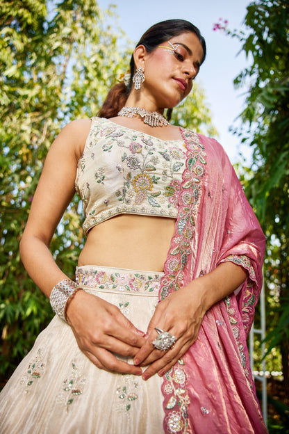 Cream Tissue Lehenga with Pink Embroidered Dupatta | Elegant Sequins & Threadwork Blouse - LC2519