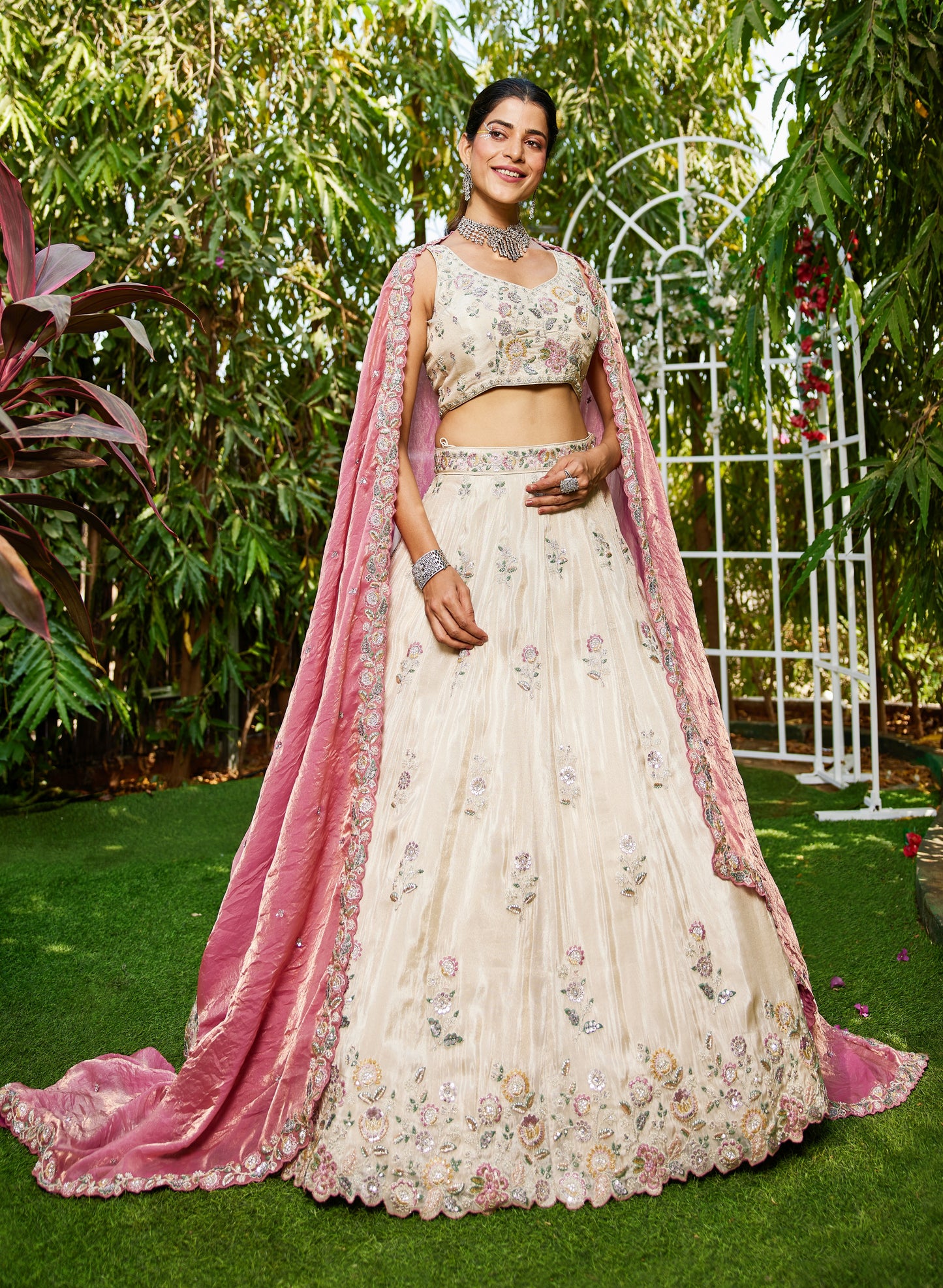 Cream Tissue Lehenga with Pink Embroidered Dupatta | Elegant Sequins & Threadwork Blouse - LC2519