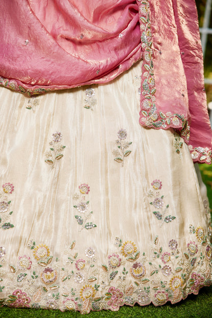 Cream Tissue Lehenga with Pink Embroidered Dupatta | Elegant Sequins & Threadwork Blouse - LC2519