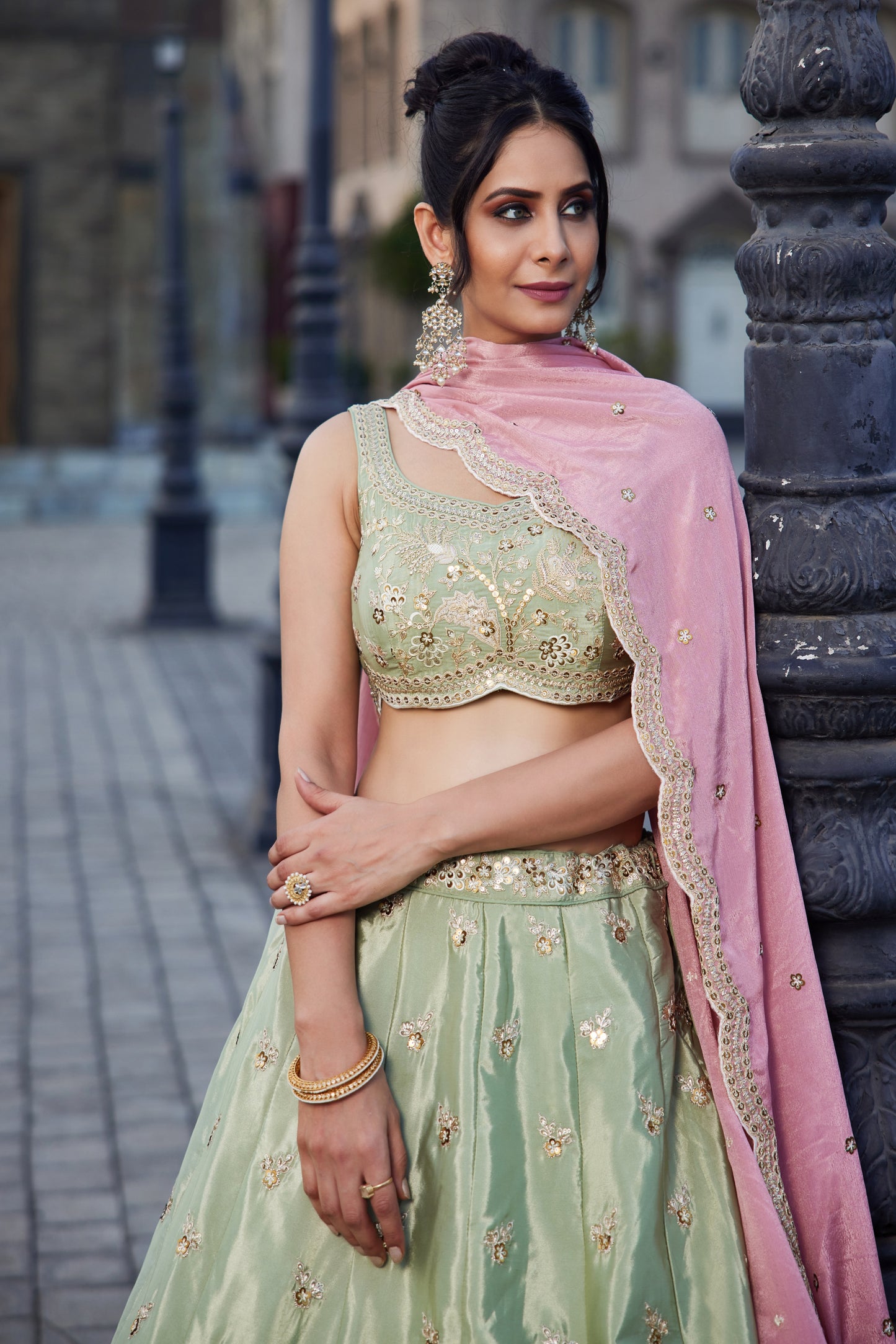 Lime Green Satin Silk Lehenga with Pink Dupatta | Embroidered Sequins & Threadwork - LC2521