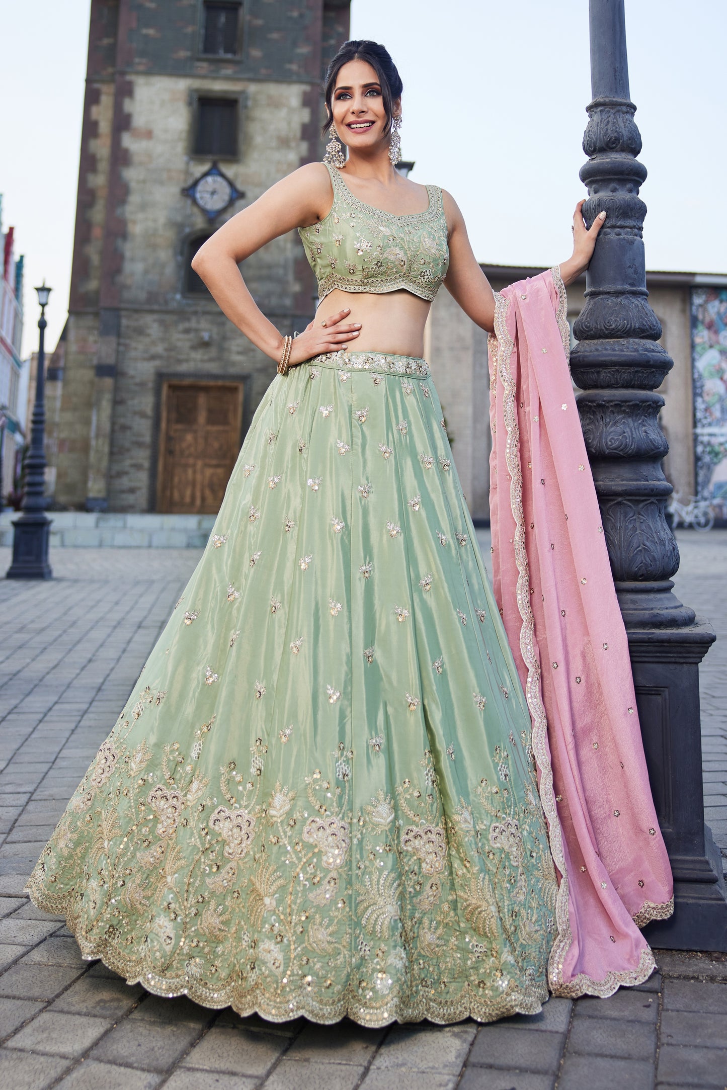 Lime Green Satin Silk Lehenga with Pink Dupatta | Embroidered Sequins & Threadwork - LC2521