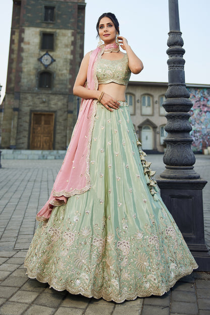 Lime Green Satin Silk Lehenga with Pink Dupatta | Embroidered Sequins & Threadwork - LC2521