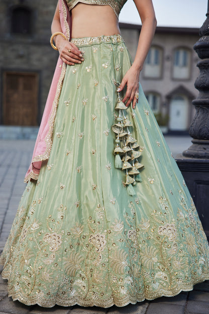 Lime Green Satin Silk Lehenga with Pink Dupatta | Embroidered Sequins & Threadwork - LC2521