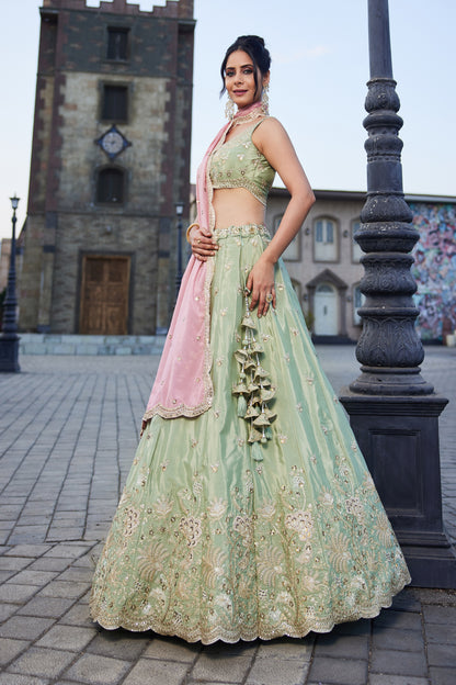 Lime Green Satin Silk Lehenga with Pink Dupatta | Embroidered Sequins & Threadwork - LC2521