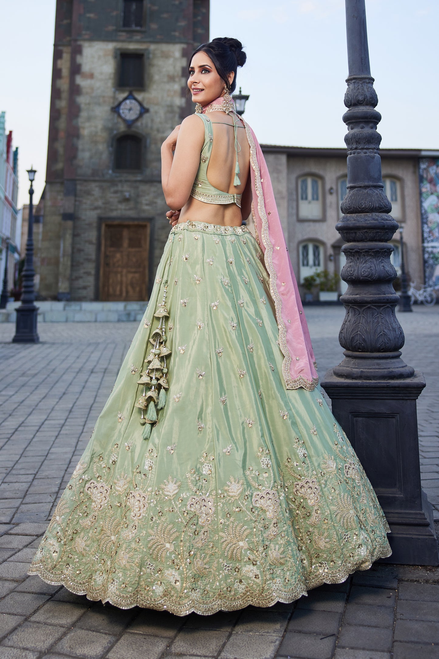 Lime Green Satin Silk Lehenga with Pink Dupatta | Embroidered Sequins & Threadwork - LC2521