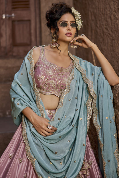 Pink Satin Silk Lehenga with Turquoise Dupatta | Exquisite Sequins & Thread Embroidery - LC2522