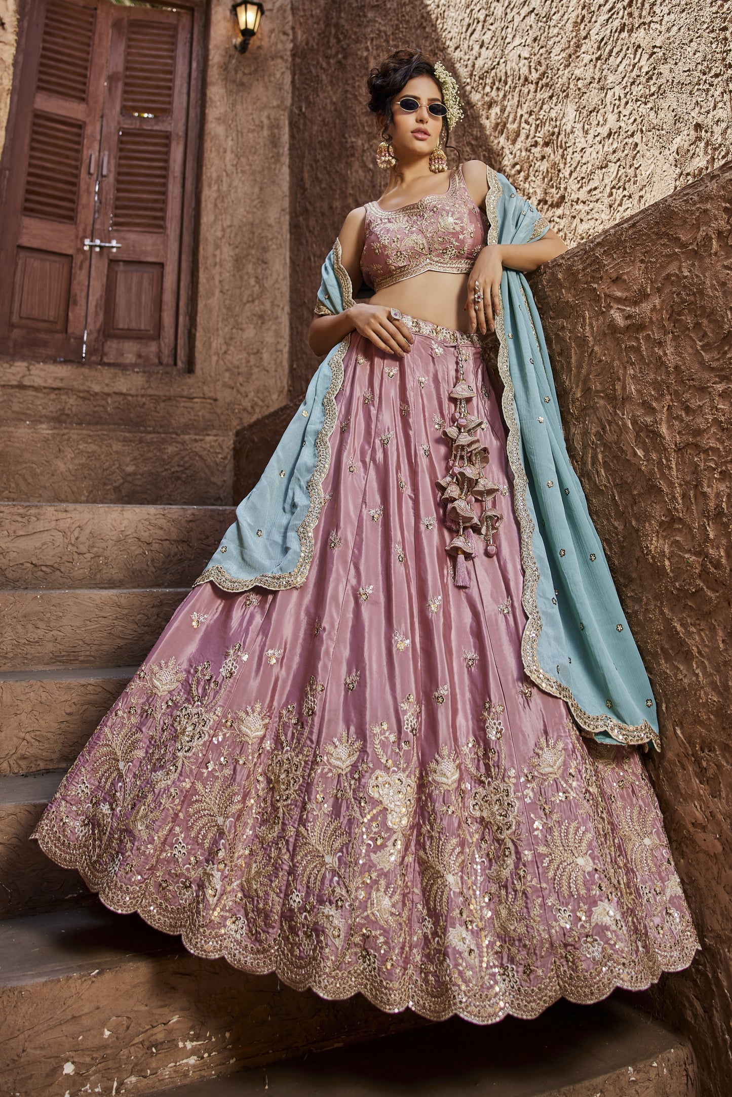 Pink Satin Silk Lehenga with Turquoise Dupatta | Exquisite Sequins & Thread Embroidery - LC2522