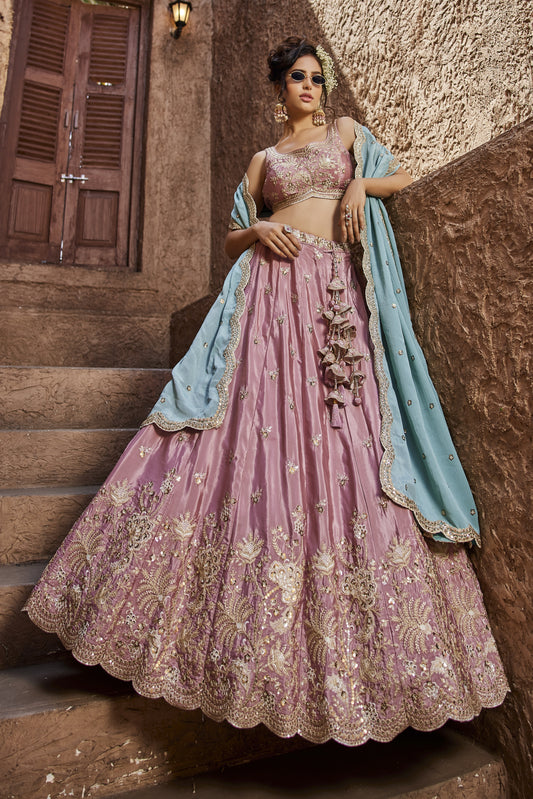 Pink Satin Silk Lehenga with Turquoise Dupatta | Exquisite Sequins & Thread Embroidery - LC2522
