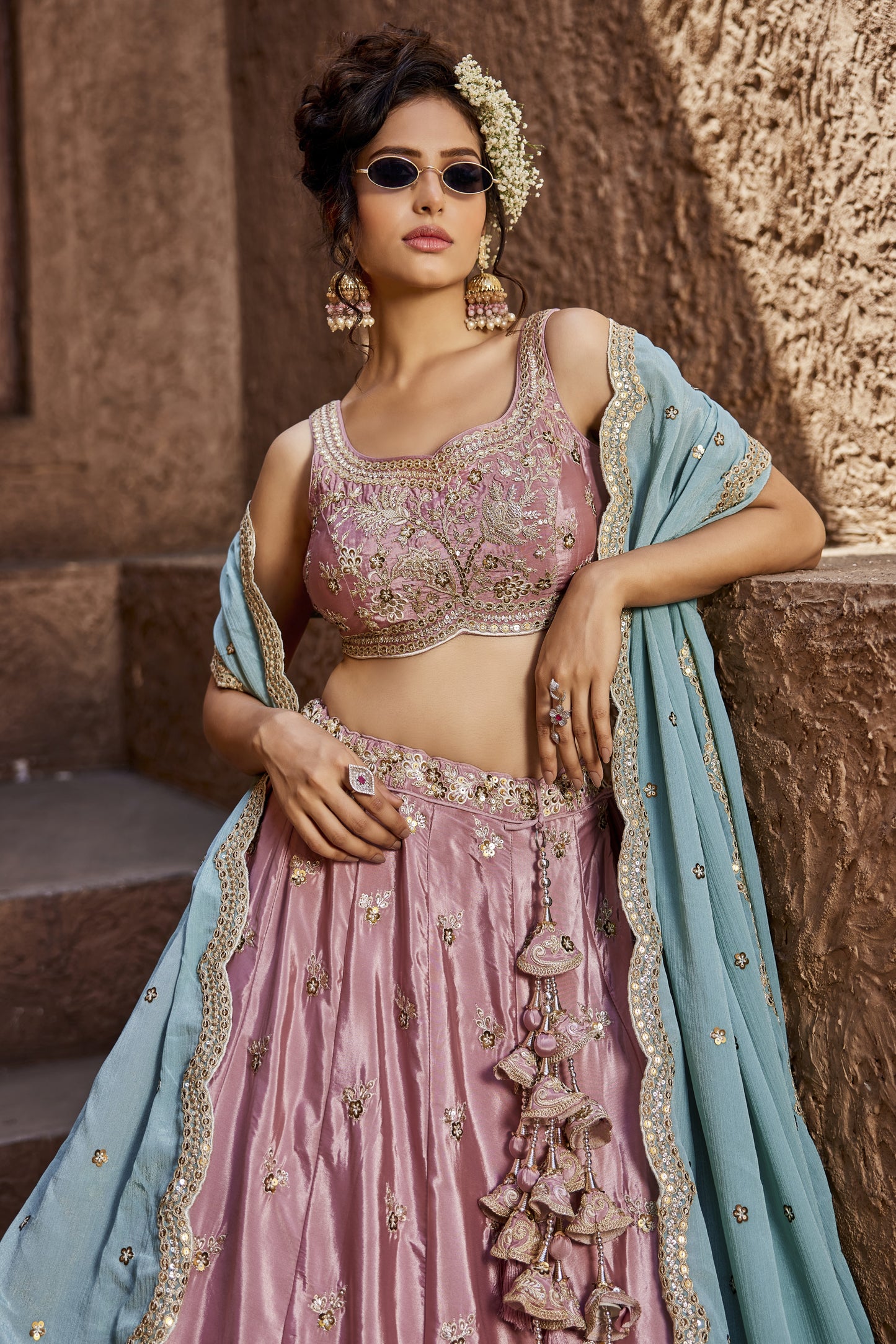 Pink Satin Silk Lehenga with Turquoise Dupatta | Exquisite Sequins & Thread Embroidery - LC2522