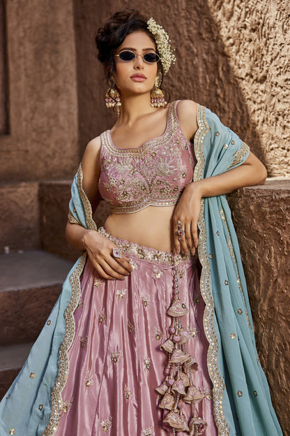 Pink Satin Silk Lehenga with Turquoise Dupatta | Exquisite Sequins & Thread Embroidery - LC2522