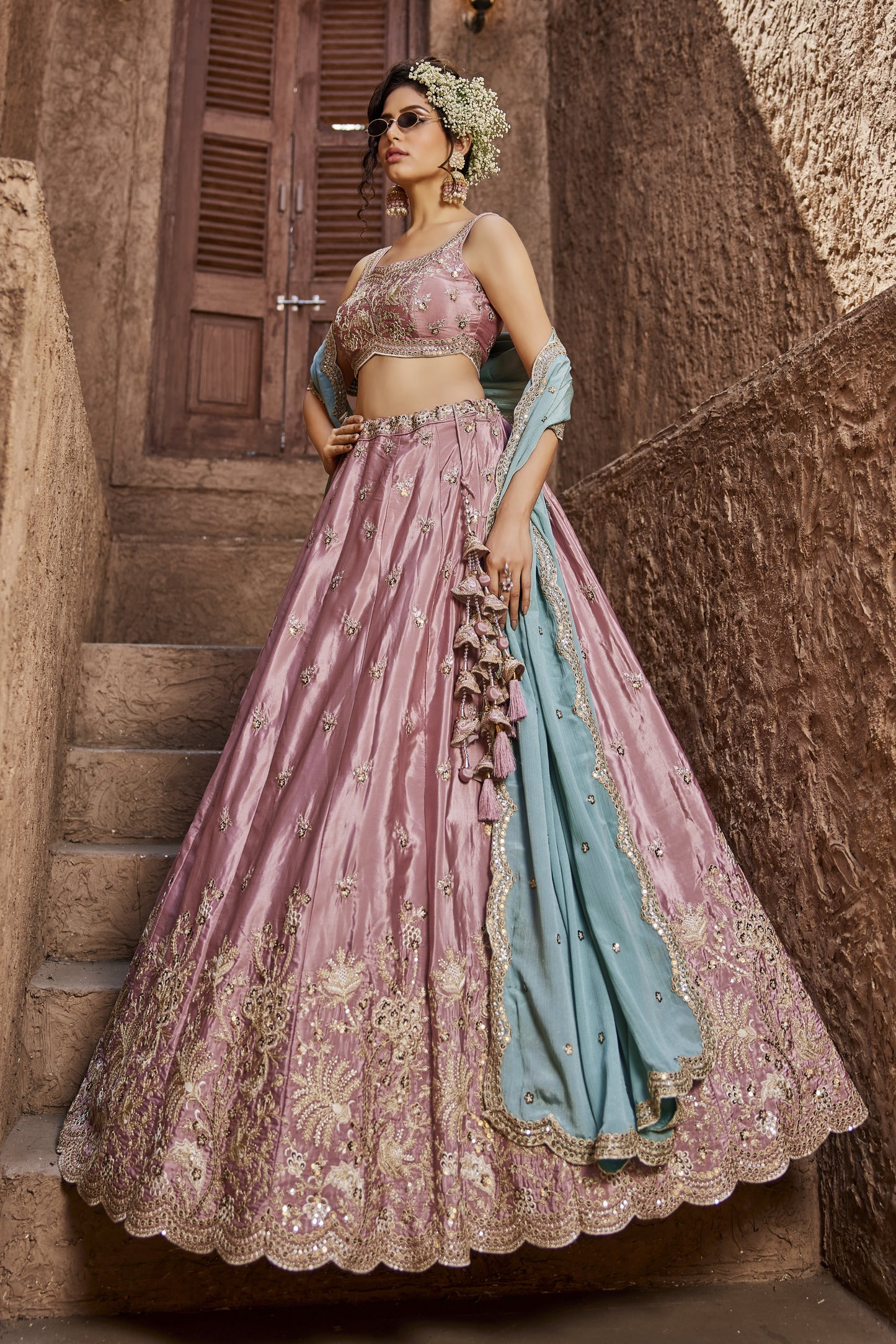 Pink Satin Silk Lehenga with Turquoise Dupatta | Exquisite Sequins & Thread Embroidery - LC2522