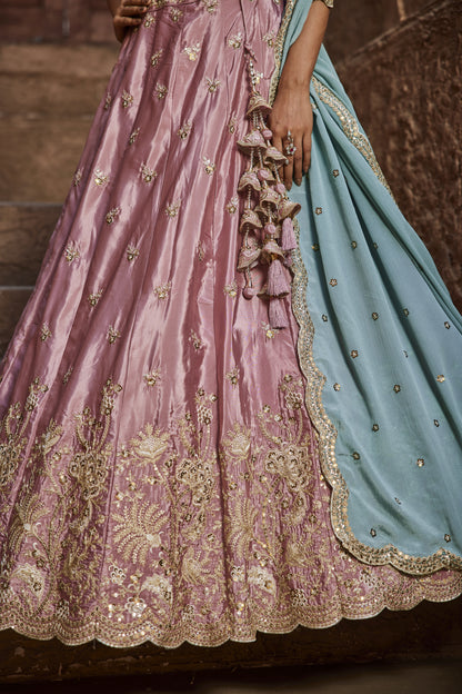 Pink Satin Silk Lehenga with Turquoise Dupatta | Exquisite Sequins & Thread Embroidery - LC2522